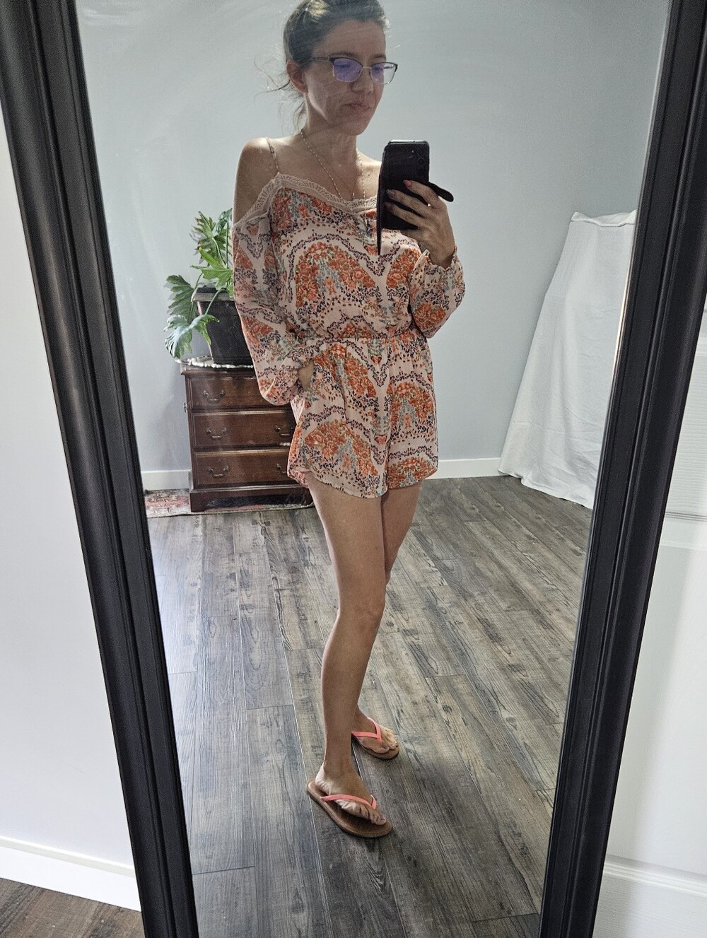Charlotte Russe Orange and Cream Paisley Off-Shoulder Mini Dress